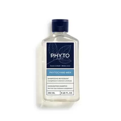 Frasco de shampoo PHYTOCYANE-MEN transparente com tampa azul e rótulo azul e branco