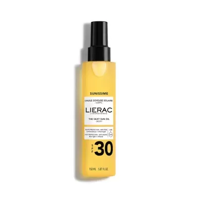 Frasco de óleo solar corporal Lierac amarelo com tampa preta