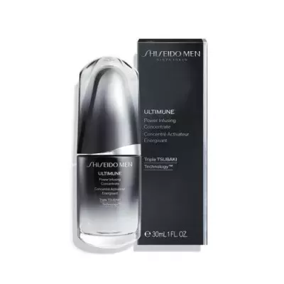 Frasco prateado e caixa preta de Shiseido Men ULTIMUNE 30ml