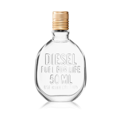 Frasco de perfume Diesel Fuel For Life 50 ML em vidro transparente com tampa dourada