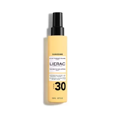 Frasco amarelo com tampa preta de loção solar corporal SPF 30