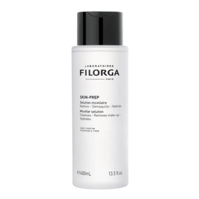 Frasco branco de solução micelar Filorga Skin-Prep com tampa preta e texto preto