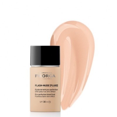 Frasco de maquilhagem líquida nude da FILORGA com tampa preta e amostra da cor do produto.