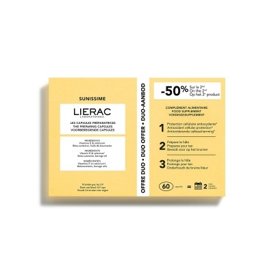 Embalagem do suplemento alimentar LIERAC SUNISSIME amarelo e branco com texto e oferta DUO