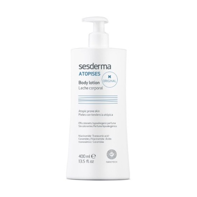 Frasco branco de loção corporal Sesderma Atopises com doseador