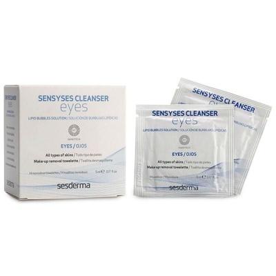 Produto Sesderma Sensyses Cleanser Eyes com embalagem branca e saquetas individuais para limpeza de olhos.