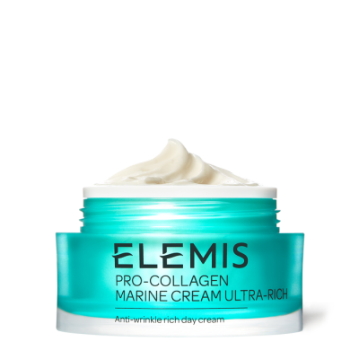 Frasco aberto de creme facial Elemis Pro-Collagen Marine Cream Ultra-Rich azul-turquesa