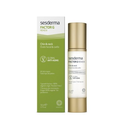 Frasco e caixa de creme Sesderma FACTOR G RENEW para rosto e pescoço, embalagem branca, verde e dourada.