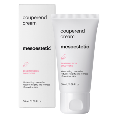 Creme Couperend da mesoestetic para pele sensível em embalagem branca com texto preto e rosa