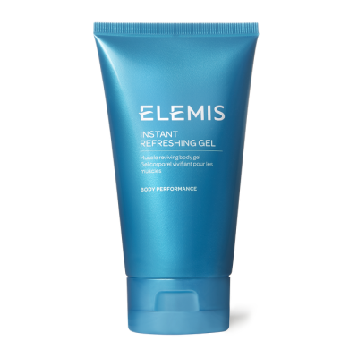 Tubo azul metálico de gel corporal Elemi Instant Refreshing Gel com texto branco