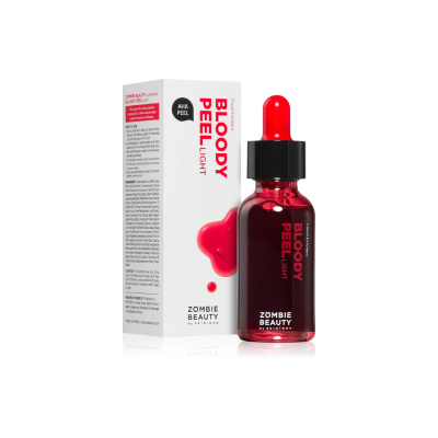 frasco de vidro vermelho com conta-gotas e embalagem branca de produto cosmético Bloody Peel Light