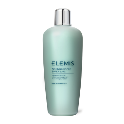 Frasco verde água ELEMIS ACHING MUSCLE SUPER SOAK com tampa prateada