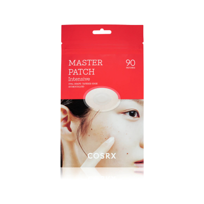 Embalagem de produto cosmético MASTER PATCH Intensive, cor vermelha e branca, 90 patches, marca COSRX