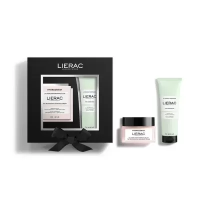 Conjunto de creme hidratante LIERAC Hydragenist em frasco rosa claro e tubo verde claro numa caixa preta com laço.