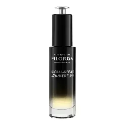 Frasco preto com doseador do produto GLOBAL-REPAIR ADVANCED ELIXIR da FILORGA.