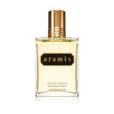 frasco de perfume Aramis com tampa dourada e líquido amarelo claro