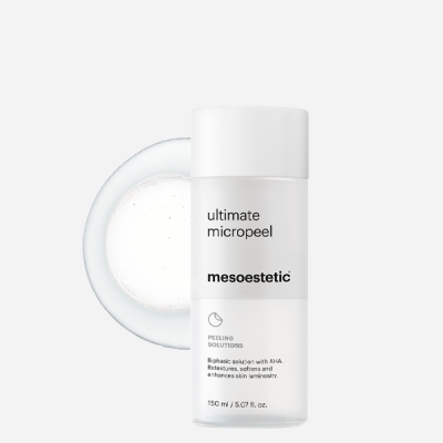 Frasco branco cilíndrico de produto cosmético ultimate micropeel mesoestetic