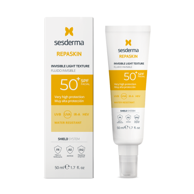 Protetor solar facial Sesderma Repaskin SPF 50+, embalagem e tubo branco e amarelo