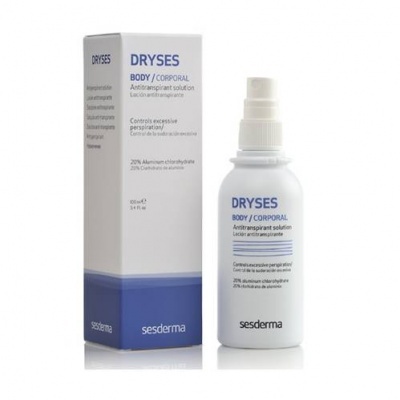 Frasco branco de spray antitranspirante DRYSES com embalagem branca e azul