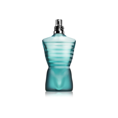 Frasco de perfume em vidro azul esverdeado com formato de torso masculino