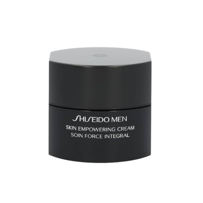 Frasco preto de creme Shiseido Men com texto branco.