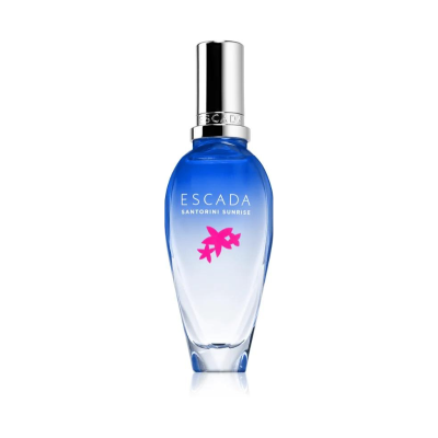 Frasco de perfume Escada Santorini Sunrise azul e transparente com tampa prateada