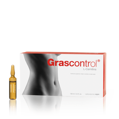 Frasco de ampola de vidro castanho e caixa do suplemento Grascontrol L-Carnitina