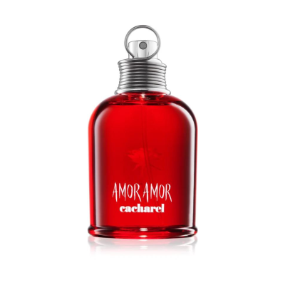 Frasco de perfume vermelho com tampa prateada e texto branco