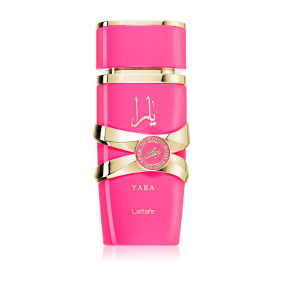 frasco de perfume rosa com detalhes dourados e texto YARA Lattafa