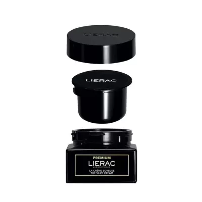 Frasco preto quadrado com tampa destacada e rótulo do creme facial LIERAC