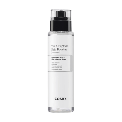 Frasco transparente com sérum cosmético The 6 Peptide Skin Booster da marca COSRX