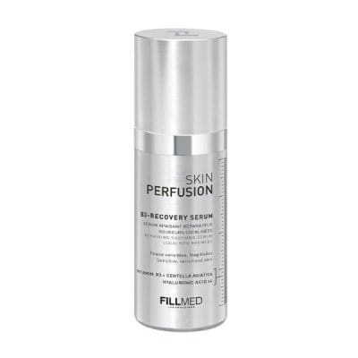 Frasco prateado de sérum Skin Perfusion B3-Recovery da Fillmed com texto preto.