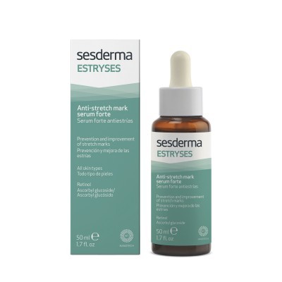 Frasco e caixa de sérum forte antiestrias Sesderma Estryses