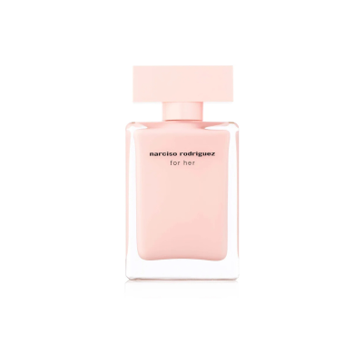 Frasco de perfume cor de rosa suave com texto 'narciso rodriguez for her'