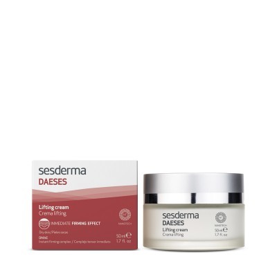 Creme lifting Sesderma DAESSES com embalagem branca e vermelha e frasco de vidro fosco