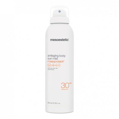 Frasco branco de spray mesoestetic com proteção solar SPF 30