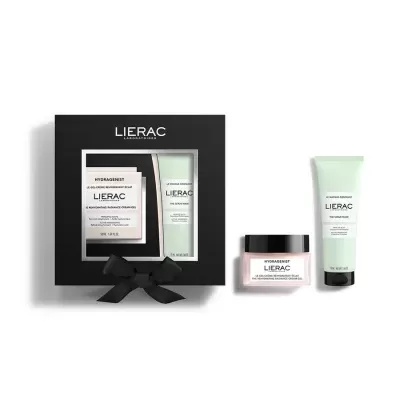 Conjunto de produtos de cuidados faciais LIERAC Hydrazenist com embalagem preta e produtos em creme e tubo verde claro