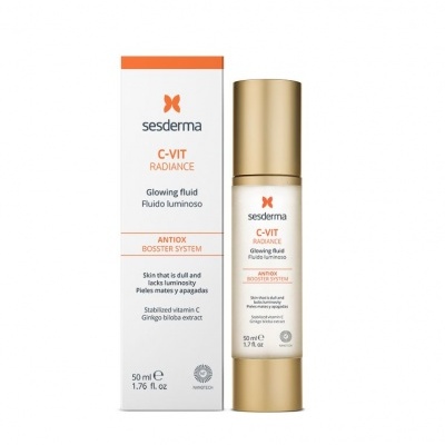 Fluído luminoso Sesderma C-VIT Radiance com embalagem branca e doseador dourado