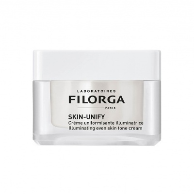 Frasco de creme iluminador Skin-Unify da Filorga com tampa branca e corpo translúcido