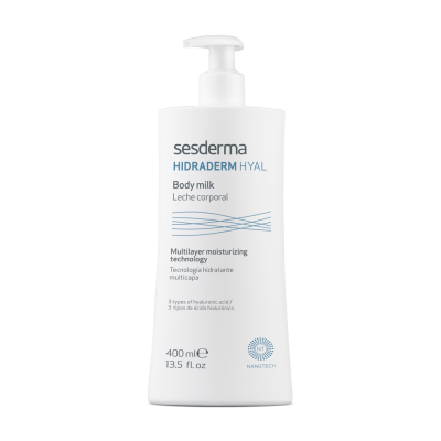 Frasco branco com doseador de body milk Sesderma HIDRADERM HYAL