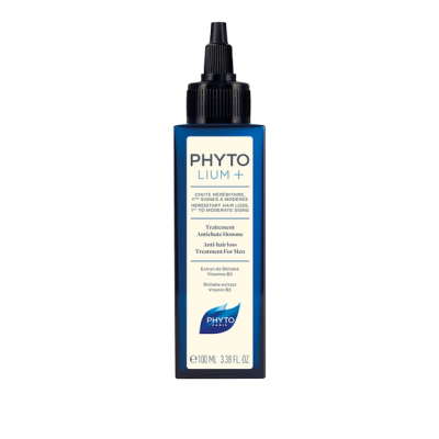 Frasco azul e branco de Phyto Luim+, tratamento anticaída para homens, 100 ml