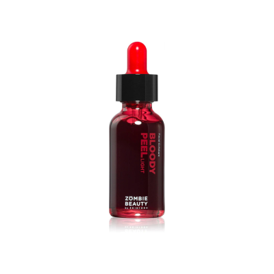 Frasco pequeno de vidro vermelho com conta-gotas e texto 'BLOODY PEEL LIGHT' e 'ZOMBIE BEAUTY'