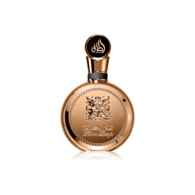 Frasco redondo dourado metálico de perfume com padrão floral em relevo e texto 