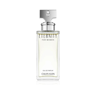 Frasco de perfume Calvin Klein Eternity for Women em vidro transparente com tampa prateada