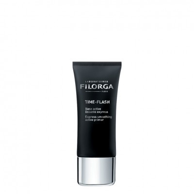 Frasco preto com tampa prateada de primer facial FILORGA TIME-FLASH