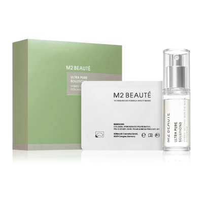 Conjunto de produtos de beleza M2 BEAUTÉ com caixa verde, frasco transparente e embalagem branca