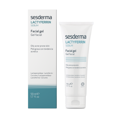 Gel facial Sesderma Lactyferrin Sebum tubo e caixa brancos com detalhes azuis