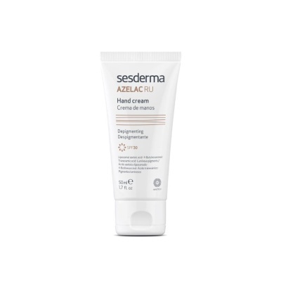 tubo branco de creme para as mãos Sesderma AZELAC RU com texto e tampa branca