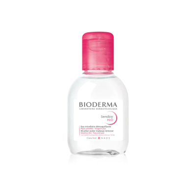 Frasco plástico transparente de água micelar Bioderma Sensibio H2O com tampa rosa