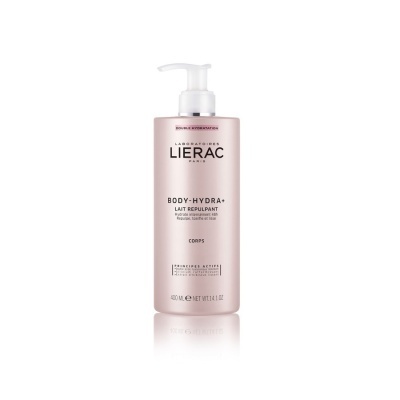 Frasco rosa claro de loção corporal Lierac Body-Hydra+ com dispenser branco